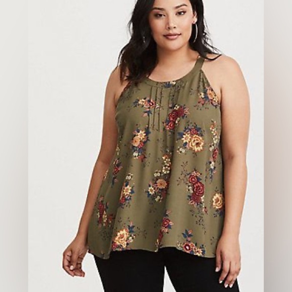 Torrid Olive Green Georgette Goddess Neck Tank Medium - Large Floral Semi Sheer - Picture 1 of 9